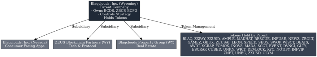Blaqclouds, Inc. (Wyoming) serves as the parent company overseeing subsidiaries focused on blockchain technology, consumer applications, and real estate. The company controls strategy and token holdings under entities such as ZEUS Blockchain Partners and Blaqclouds Property Group, managing a diversified portfolio of digital assets including BLAQ, ZXPAY, ZEUSAL, NOTIFY, and others