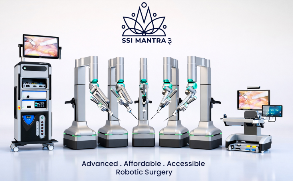 The SSi Mantra surgical robotic system is a user-friendly, modular, multi-arm system with advanced technology features, including: 3 to 5 modular robotic arms, an open-faced ergonomic surgeon command center, a large 3D 4K monitor, a touch panel monitor for all patient related information display, a virtual real-time image of the robotic patient side arm carts, and the ability for superimposition of 3D models of diagnostic imaging.