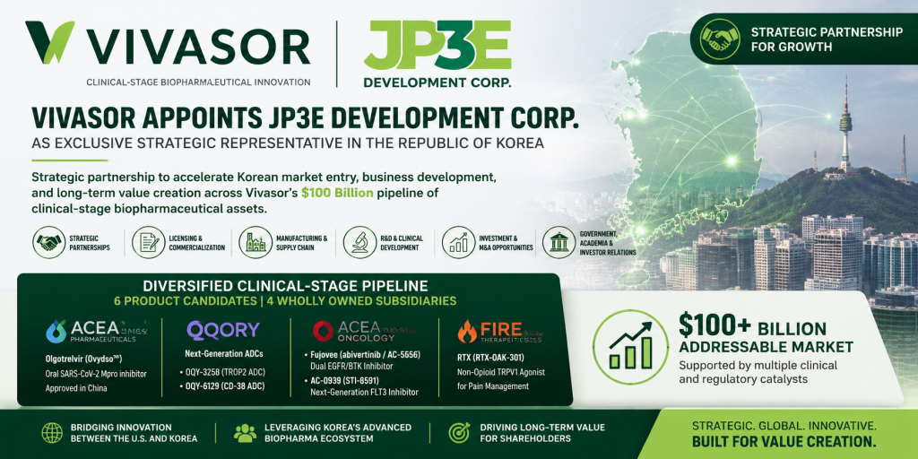 Vivasor Appoints JP3E Development Corp. (JP 3E Holdings, Inc. (JPTE) Majority Owned Subsidiary) as Exclusive Strategic Representative in the Republic of Korea