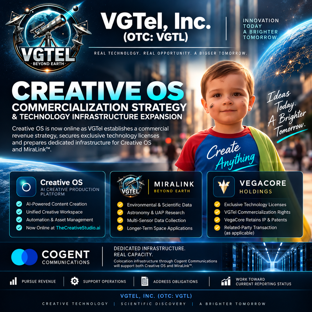 VGTel, Inc. Announces Creative OS Commercialization Strategy and Technology Infrastructure Expansion