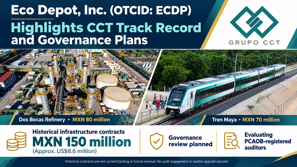 Eco Depot’s Construction Subsidiary Brings Approximately MXN 150 million (US$8.6 million) in Selected Contracts on Two Landmark Infrastructure Projects as Management Outlines Corporate Governance and Capital Markets Strategy